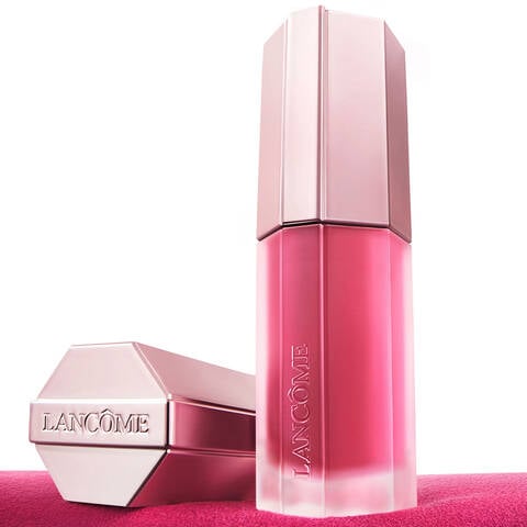 Close-up of Lancome Lip Idole Cuddleblur product packaging in rose gold and pink.